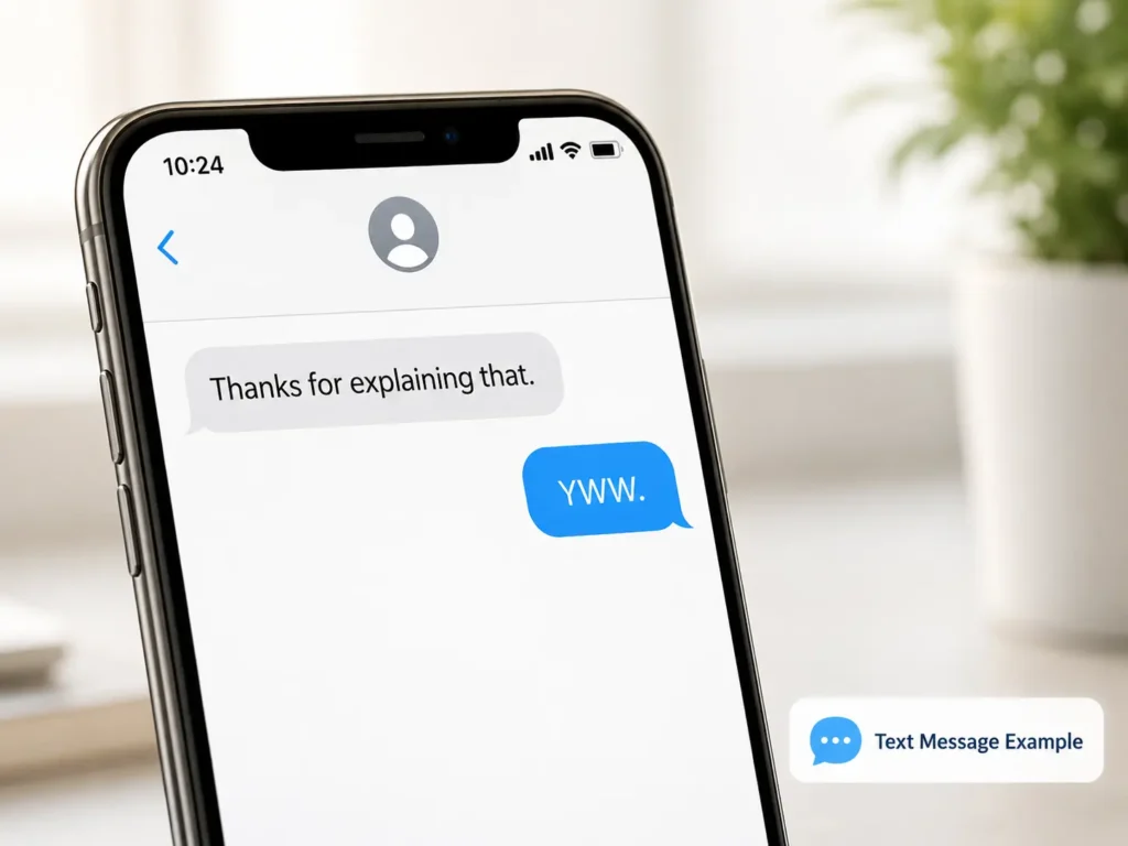 Smartphone showing a simple text message conversation where one person says “Thanks for explaining that,” and the reply says “YWW,” with a small label reading “Text Message Example.”