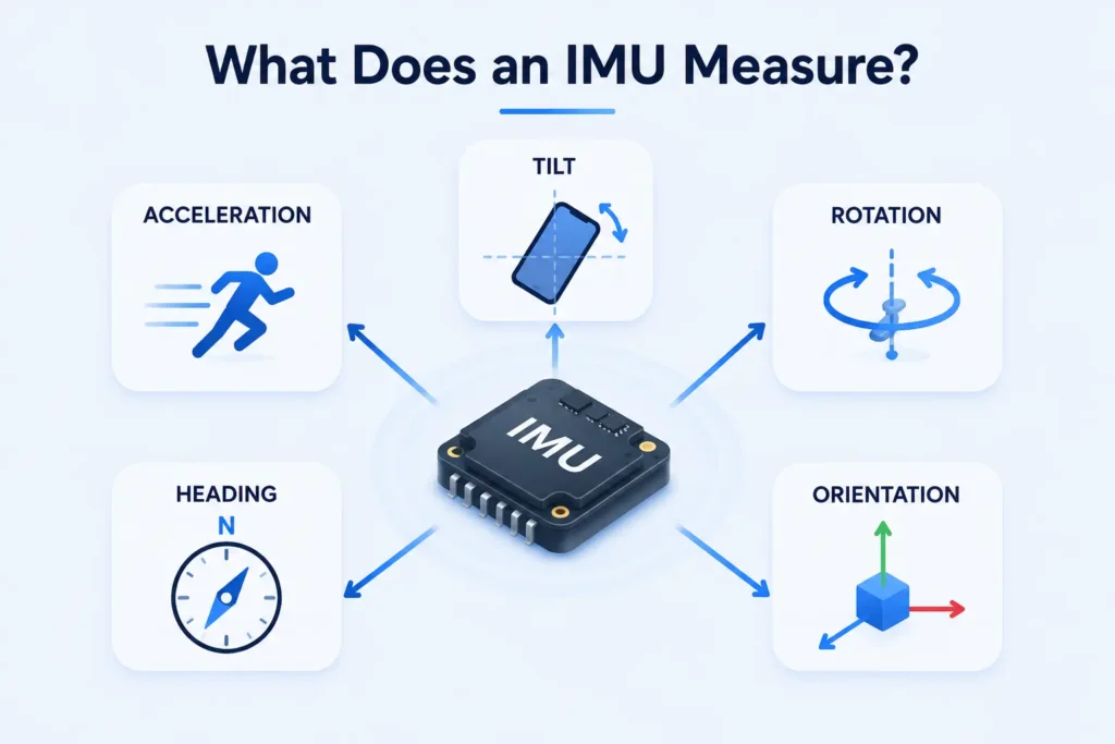 IMU measurement infographic showing a central IMU sensor chip connected to icons for acceleration, tilt, rotation, heading, and orientation on a clean blue technology background.