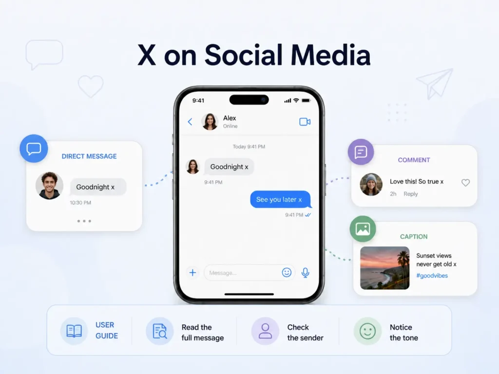 X on social media infographic showing the letter X used in direct messages, comments, and captions, with tips to read the full message, check the sender, and notice the tone.