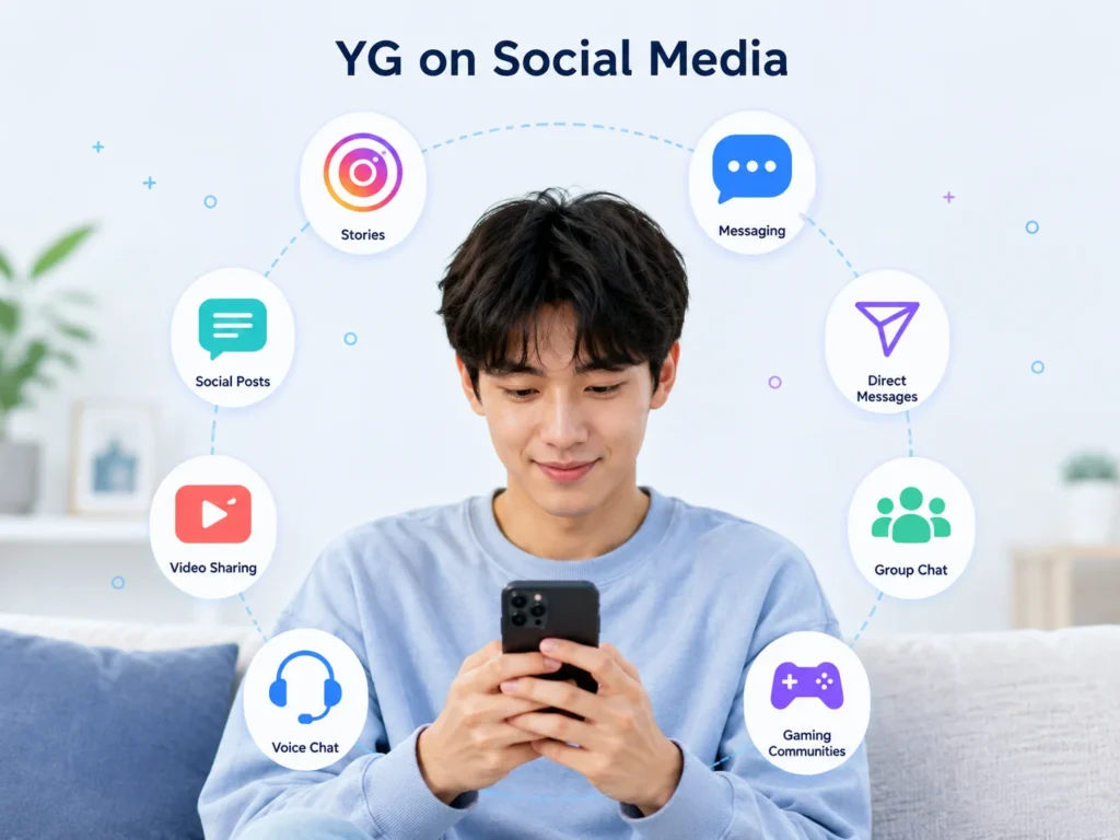A visual guide showing YG on social media, with a person using a smartphone surrounded by icons for stories, messaging, direct messages, group chat, gaming communities, voice chat, video sharing, and social posts.