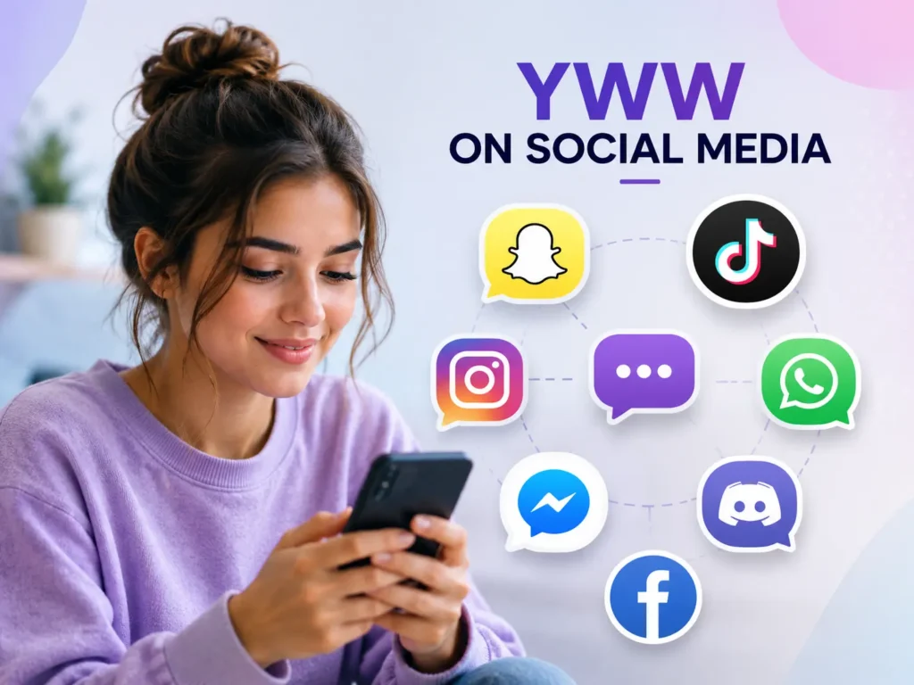 Young woman using a smartphone with social media and messaging icons around her, showing how YWW can be used across platforms like Snapchat, TikTok, Instagram, WhatsApp, Messenger, Discord, and Facebook.