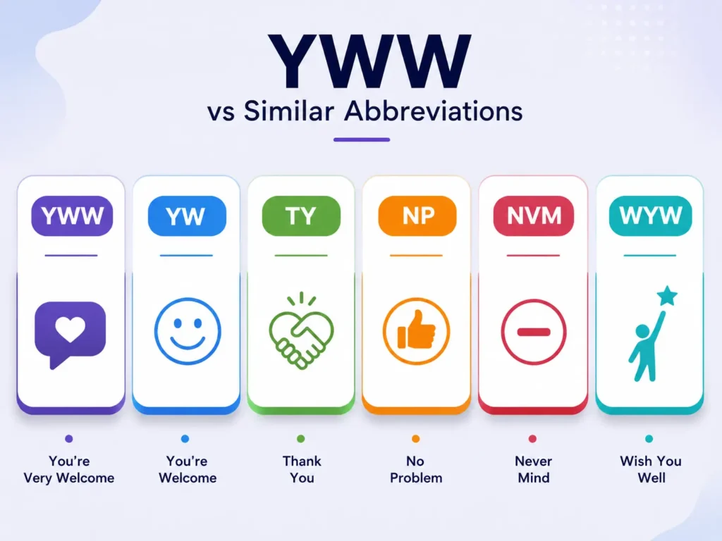 Infographic titled “YWW vs Similar Abbreviations” comparing YWW, YW, TY, NP, NVM, and WYW with simple icons and short meanings such as “You’re Very Welcome,” “You’re Welcome,” “Thank You,” “No Problem,” “Never Mind,” and “Wish You Well.”