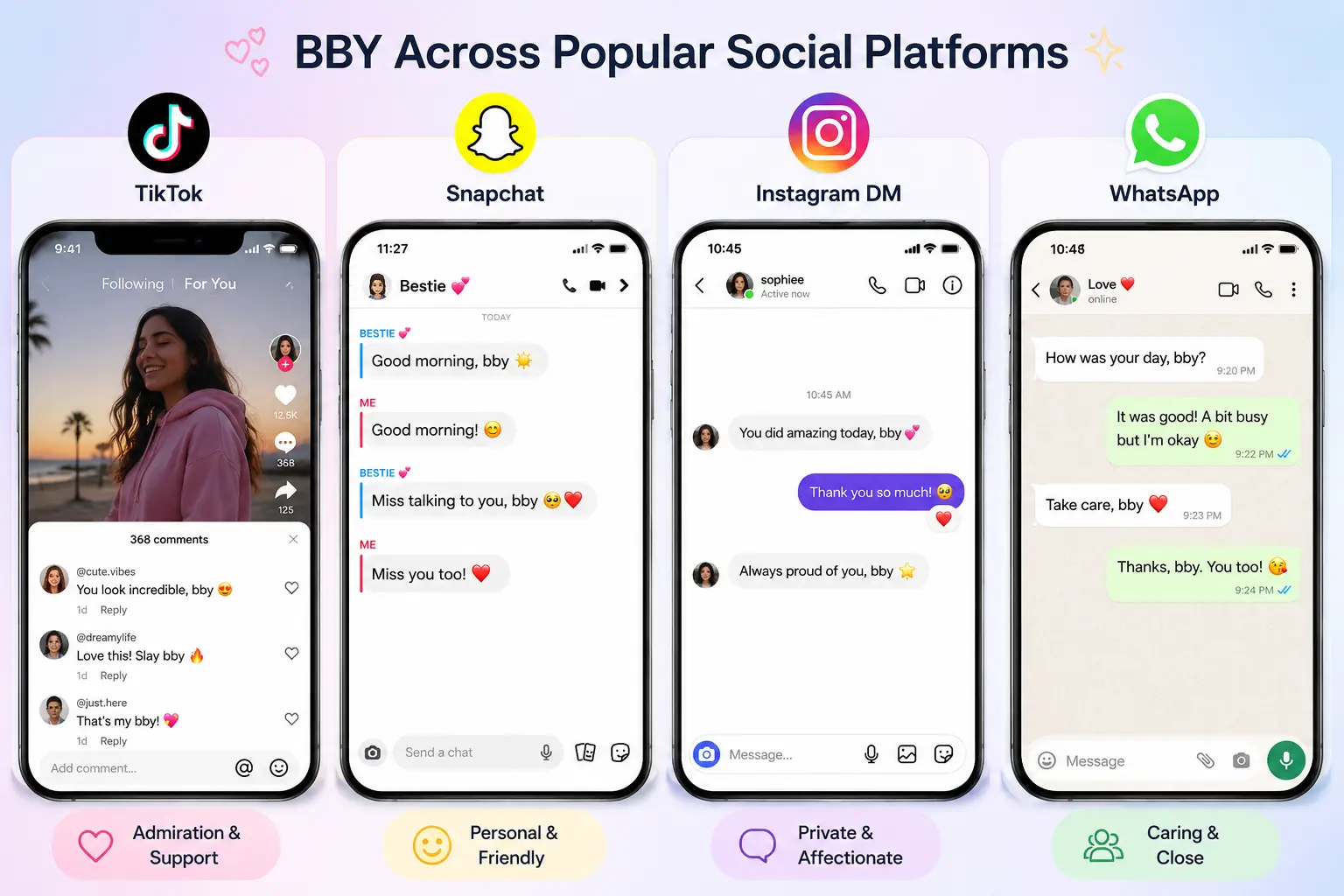 BBY meaning on TikTok, Snapchat, Instagram, and WhatsApp with examples of how the slang is used on social media.