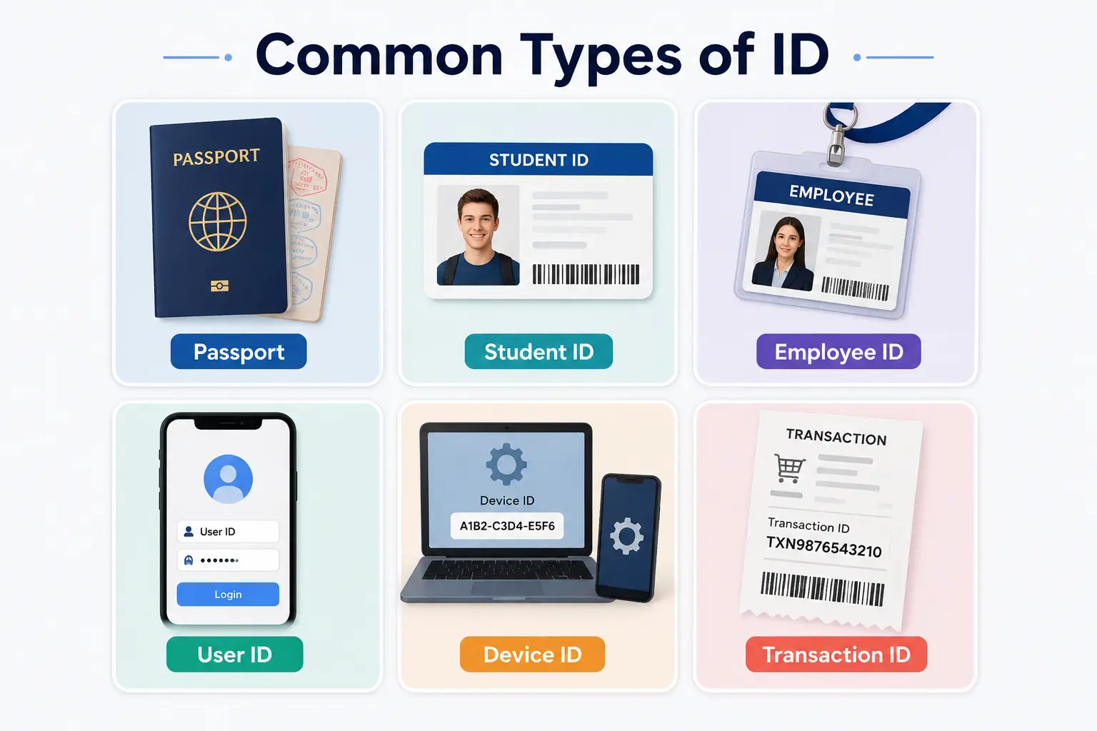 Common types of ID including passport, student ID, employee ID, user ID, device ID, and transaction ID