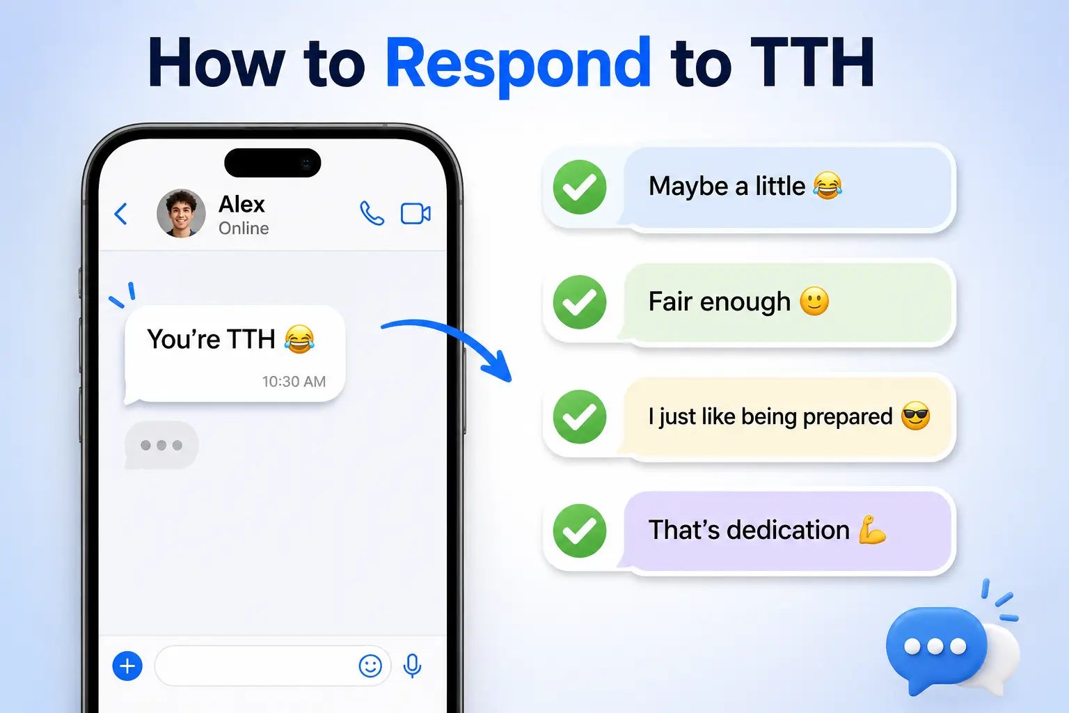 Educational guide with friendly ways to reply when someone says TTH in a text message or social media chat.