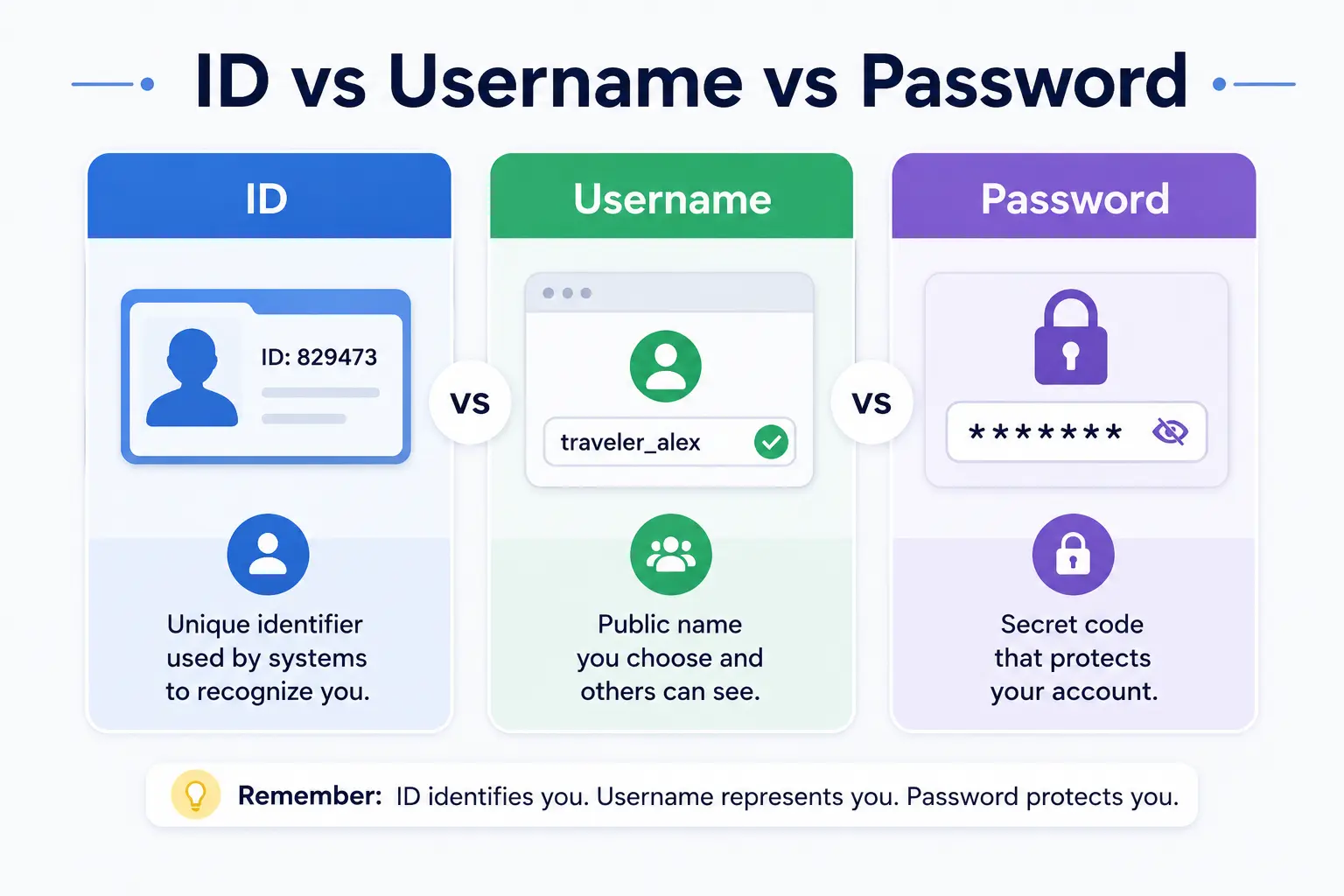 Comparison between ID, username, and password for online accounts