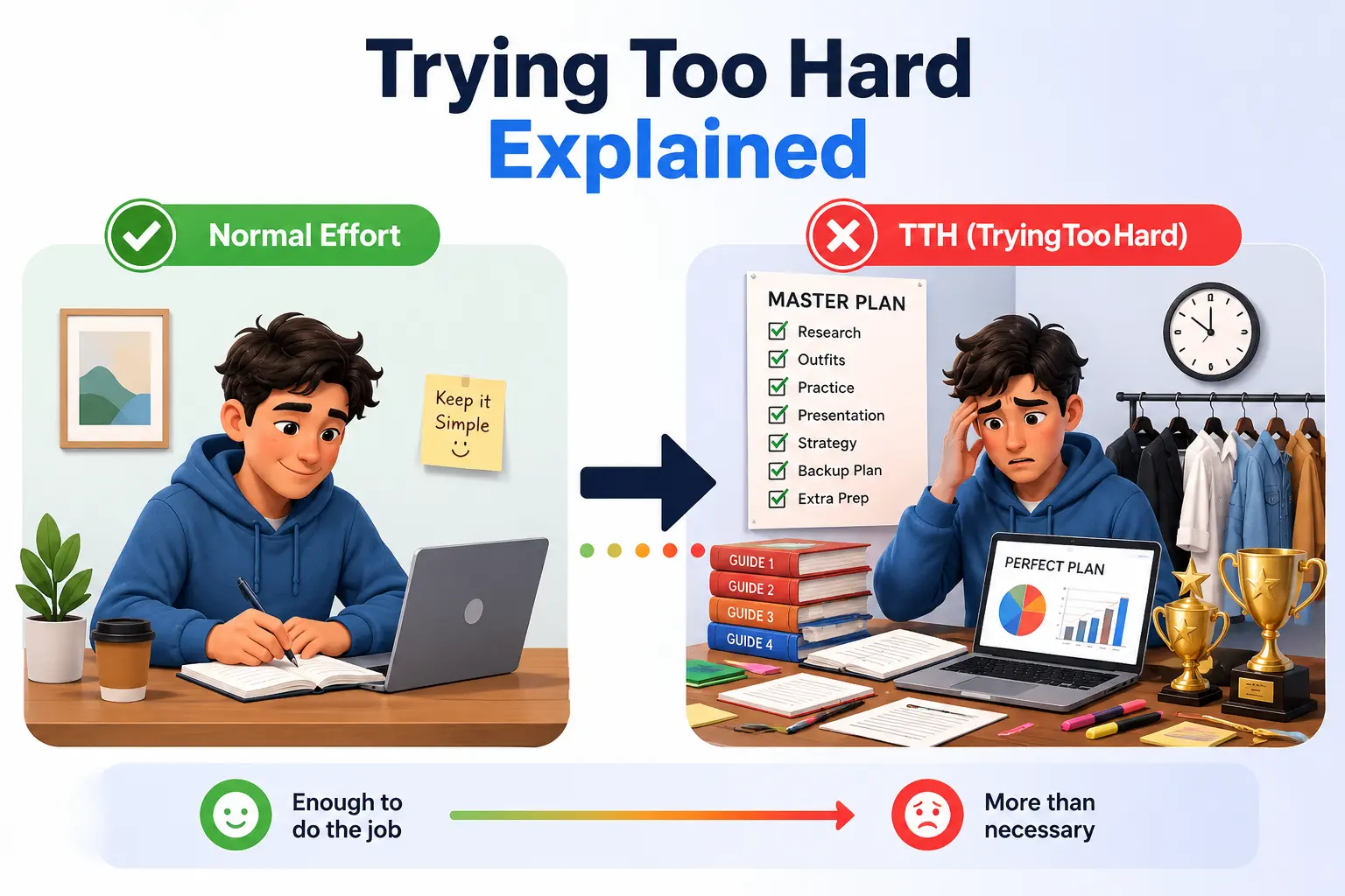 Illustration explaining the meaning of TTH (Trying Too Hard) with examples of normal effort versus overdoing something.