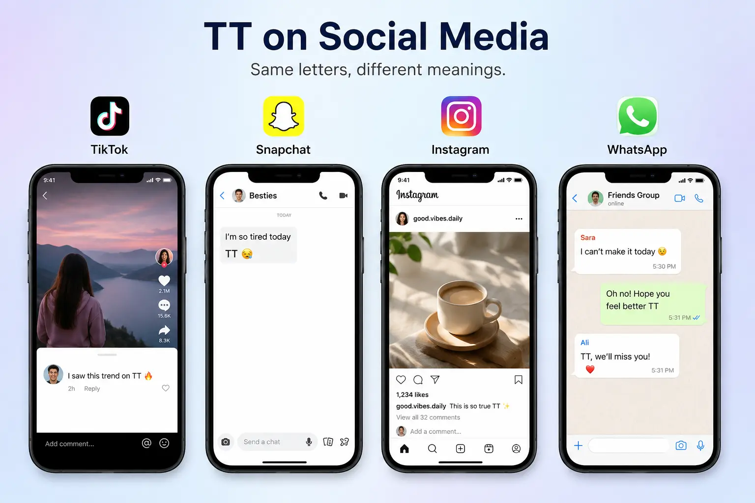TT meaning on social media including TikTok, Snapchat, Instagram, and WhatsApp examples