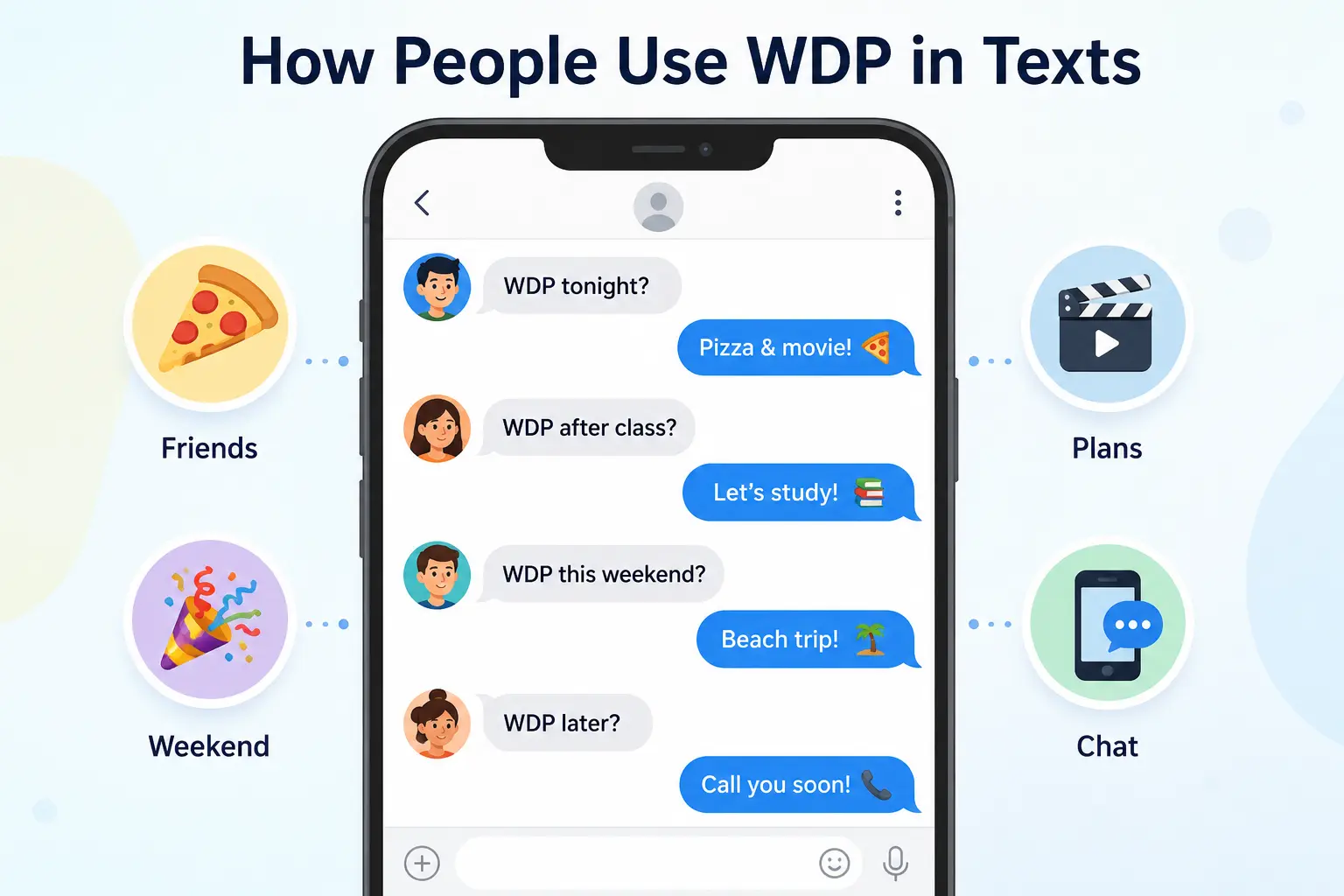 Examples showing WDP meaning in text messages and how people use WDP when making plans