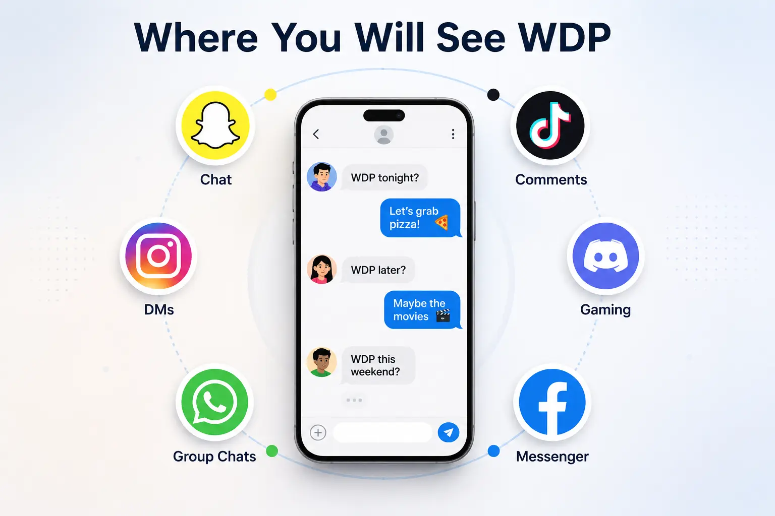 Platforms where WDP is commonly used including Snapchat, TikTok, Instagram, WhatsApp, Discord, and Facebook