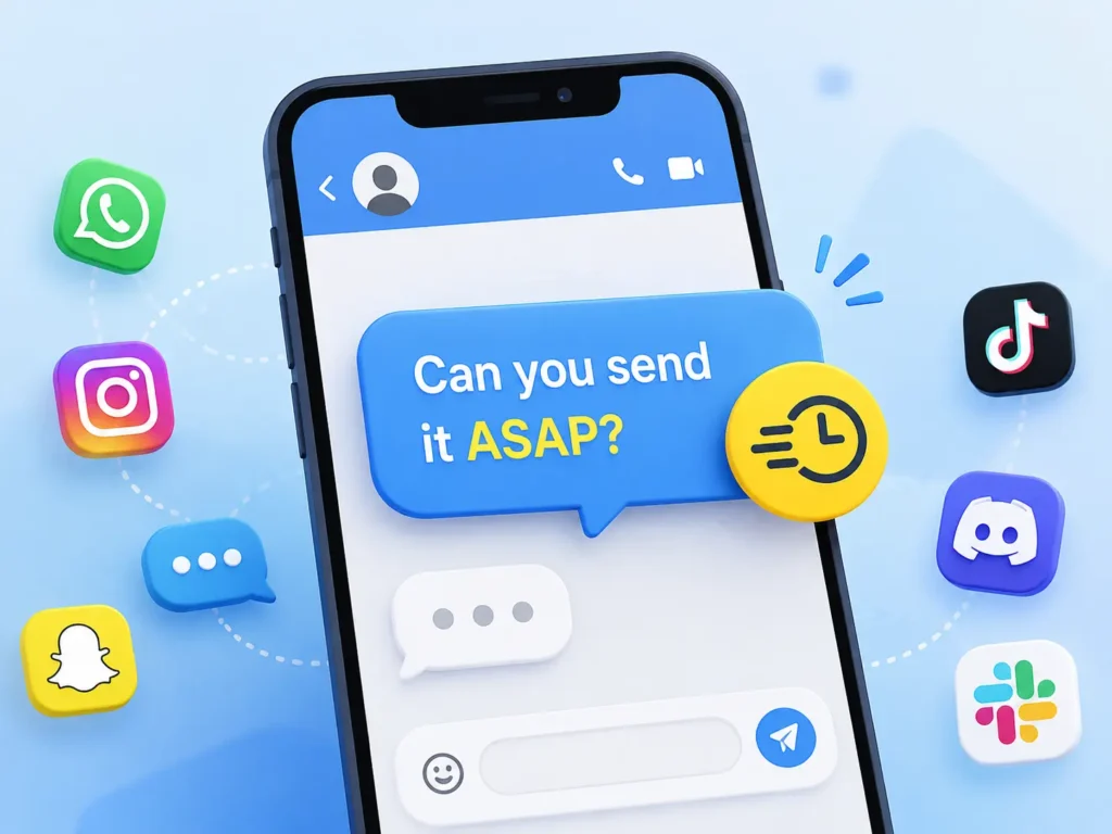 ASAP meaning in texting and social media, showing a smartphone message saying “Can you send it ASAP?” with popular chat and social app icons.