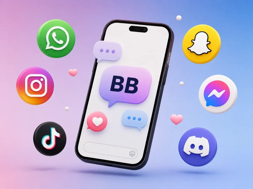 BB meaning on social media shown in a smartphone chat surrounded by WhatsApp, Instagram, TikTok, Snapchat, Messenger, and Discord icons.