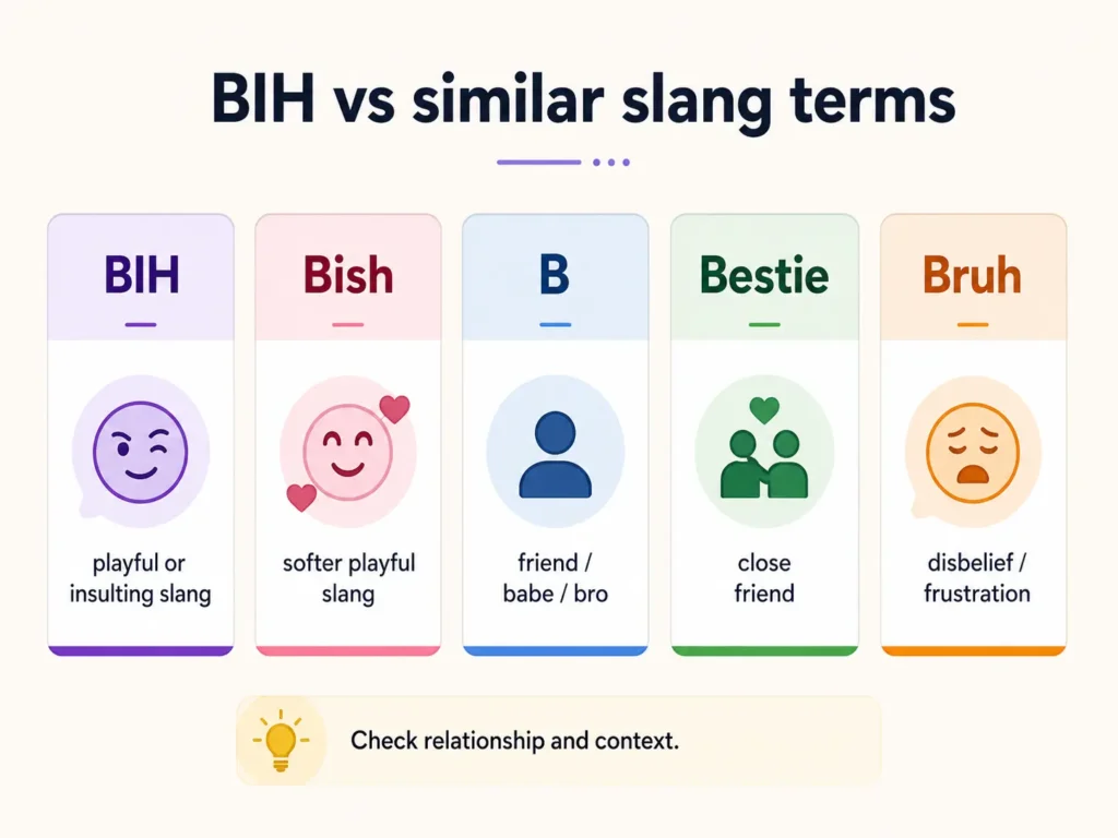 BIH vs similar slang terms infographic comparing BIH, Bish, B, Bestie, and Bruh by meaning, including playful slang, friendship, affection, disbelief, and frustration.