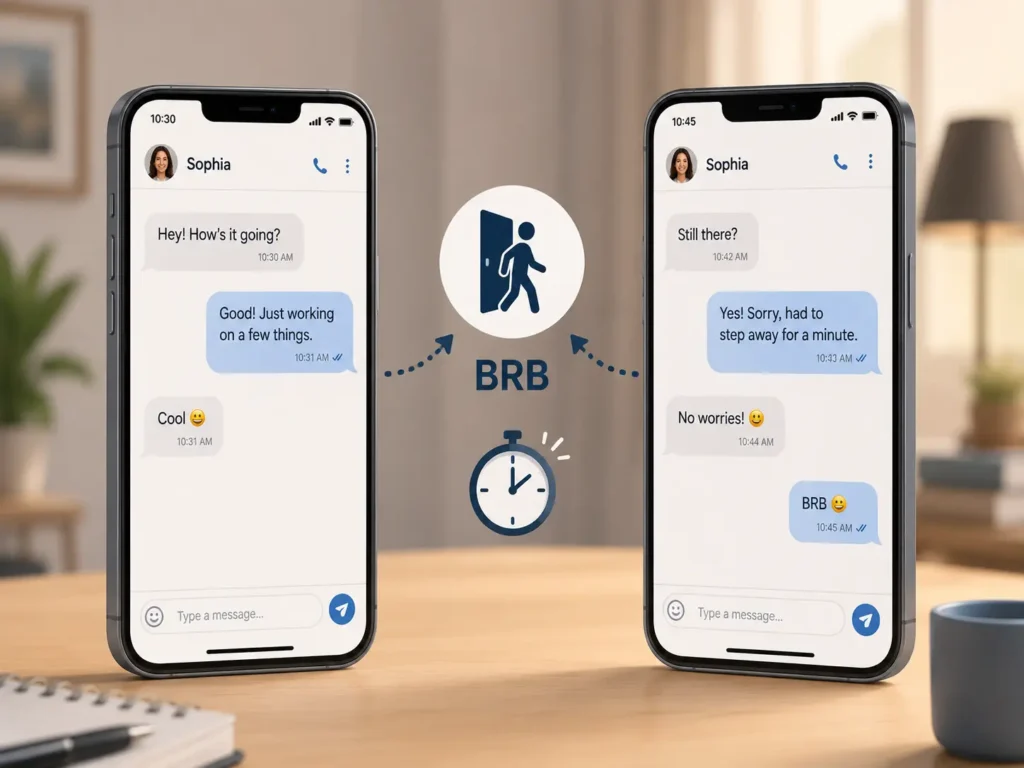 BRB meaning in texting shown with smartphone chat examples, a short break icon, and a clock illustrating a temporary pause before returning.