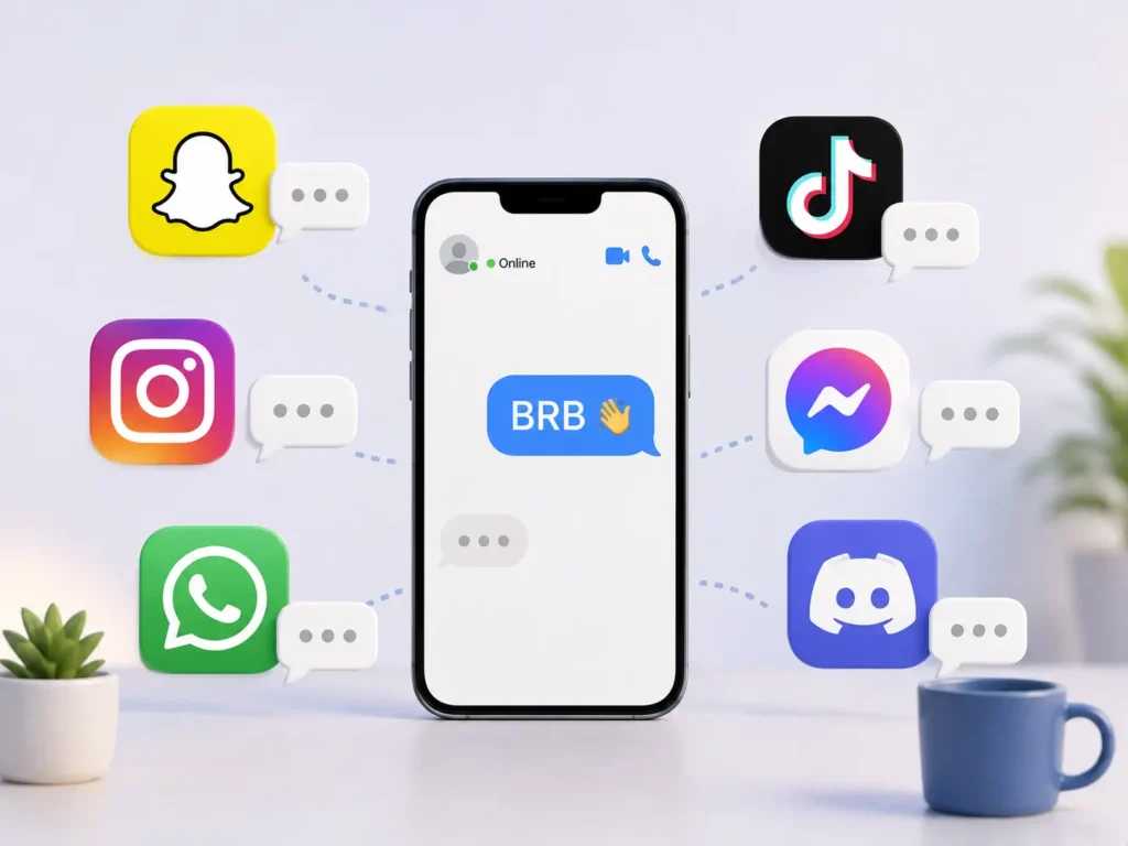 BRB meaning on social media shown on a smartphone with Snapchat, Instagram, WhatsApp, TikTok, Messenger, and Discord icons.