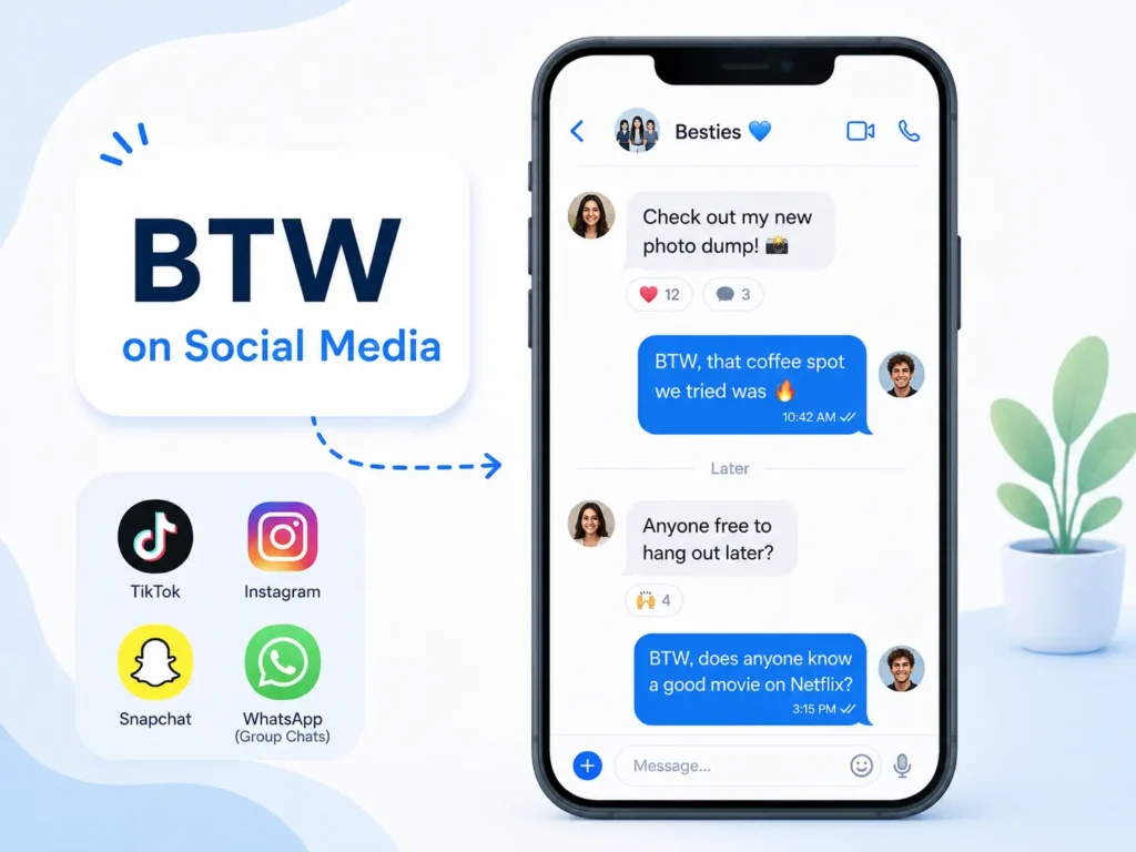 BTW on social media infographic showing chat examples and how BTW is used on TikTok, Instagram, Snapchat, and WhatsApp.