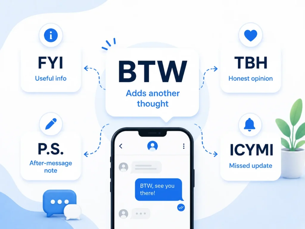 BTW vs similar abbreviations infographic comparing BTW with FYI, TBH, P.S., and ICYMI, with a smartphone chat example in the center.