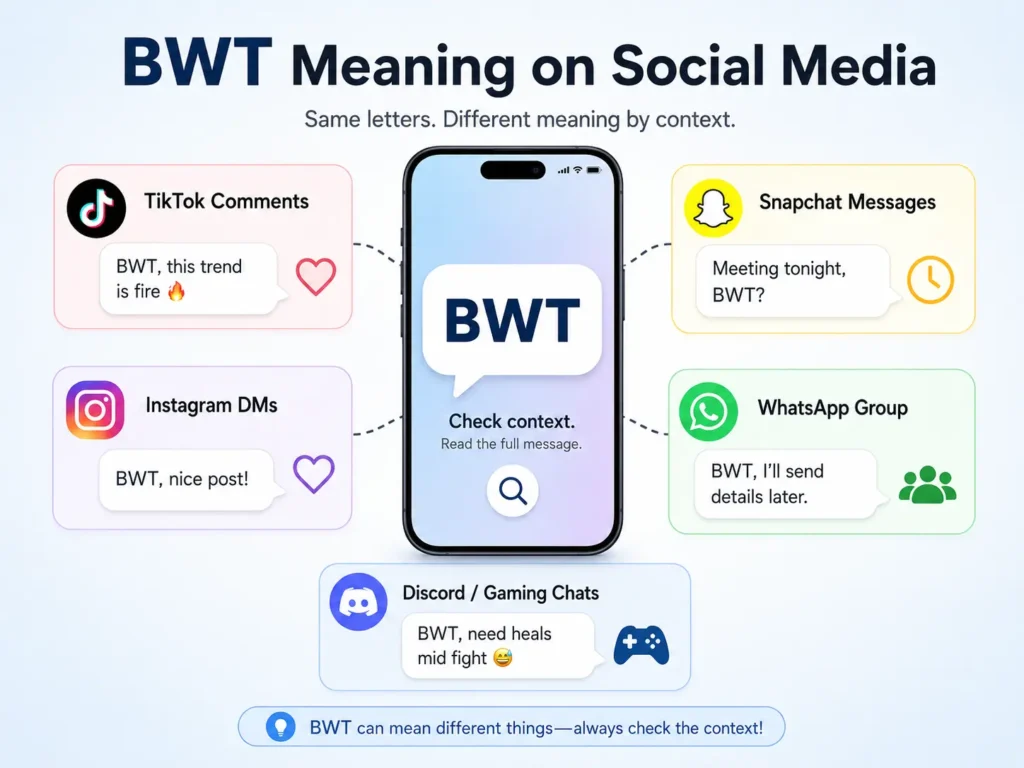 BWT meaning on social media infographic showing the abbreviation in TikTok comments, Snapchat messages, Instagram DMs, WhatsApp groups, and Discord gaming chats, with a reminder to check the full context.