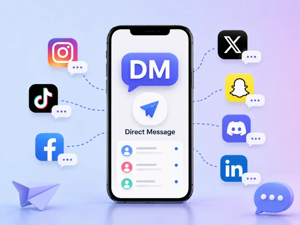 DM meaning on social media showing a smartphone with Direct Message and icons for Instagram, TikTok, Facebook, X, Snapchat, Discord, and LinkedIn.
