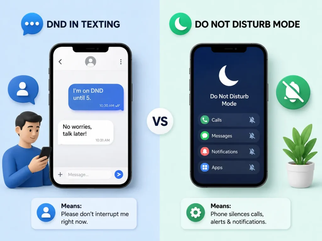 DND in texting vs Do Not Disturb mode illustration comparing a temporary no-interruption message with muted calls, messages, and notifications.