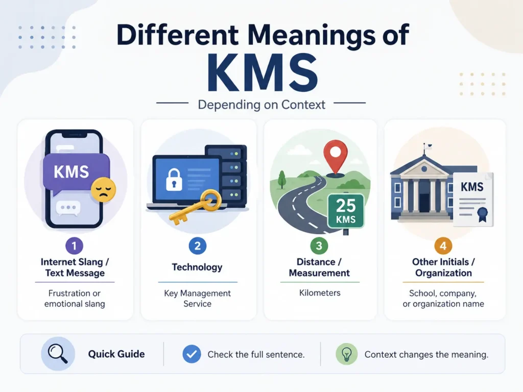 Infographic explaining different KMS meanings by context, including internet slang in text messages, Key Management Service in technology, kilometers in distance, and initials for a school, company, or organization.