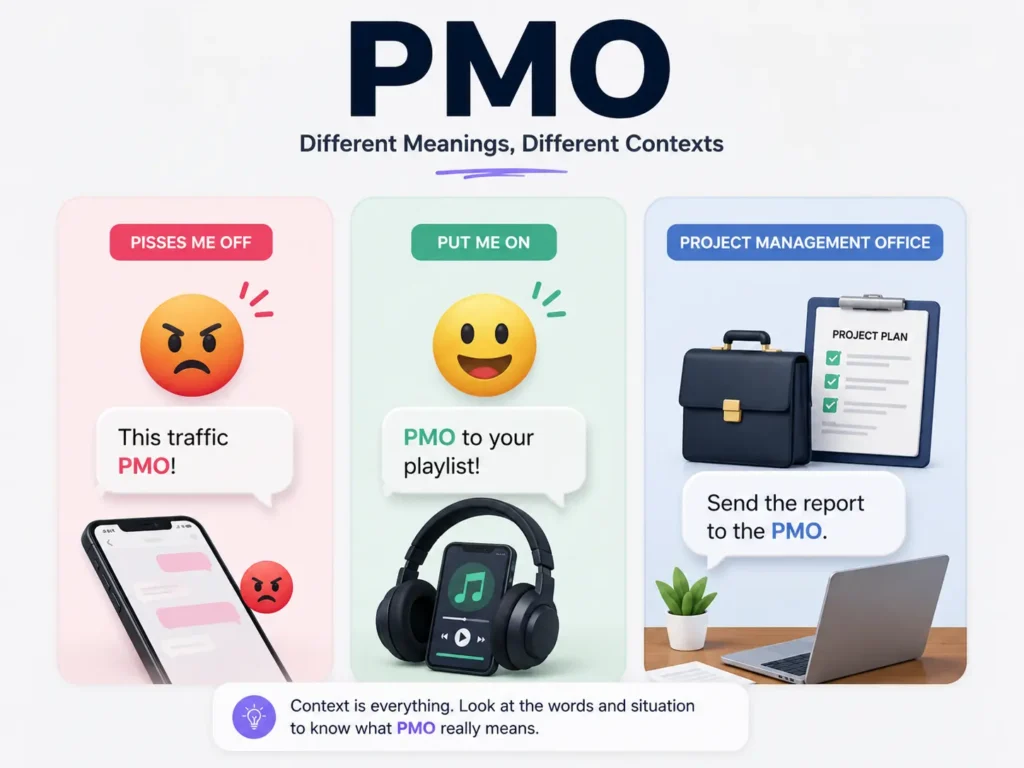 PMO meanings infographic showing Pisses Me Off, Put Me On, and Project Management Office with examples for each context.