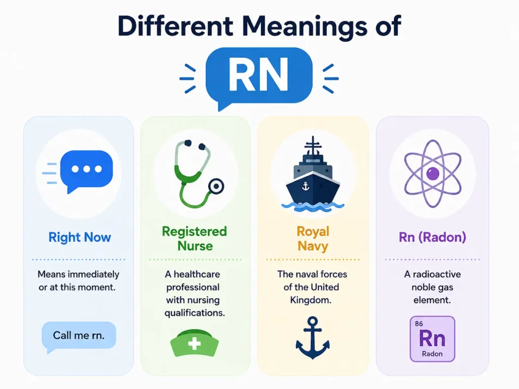 Different meanings of RN infographic showing Right Now, Registered Nurse, Royal Navy, and Rn for radon with simple visual icons.