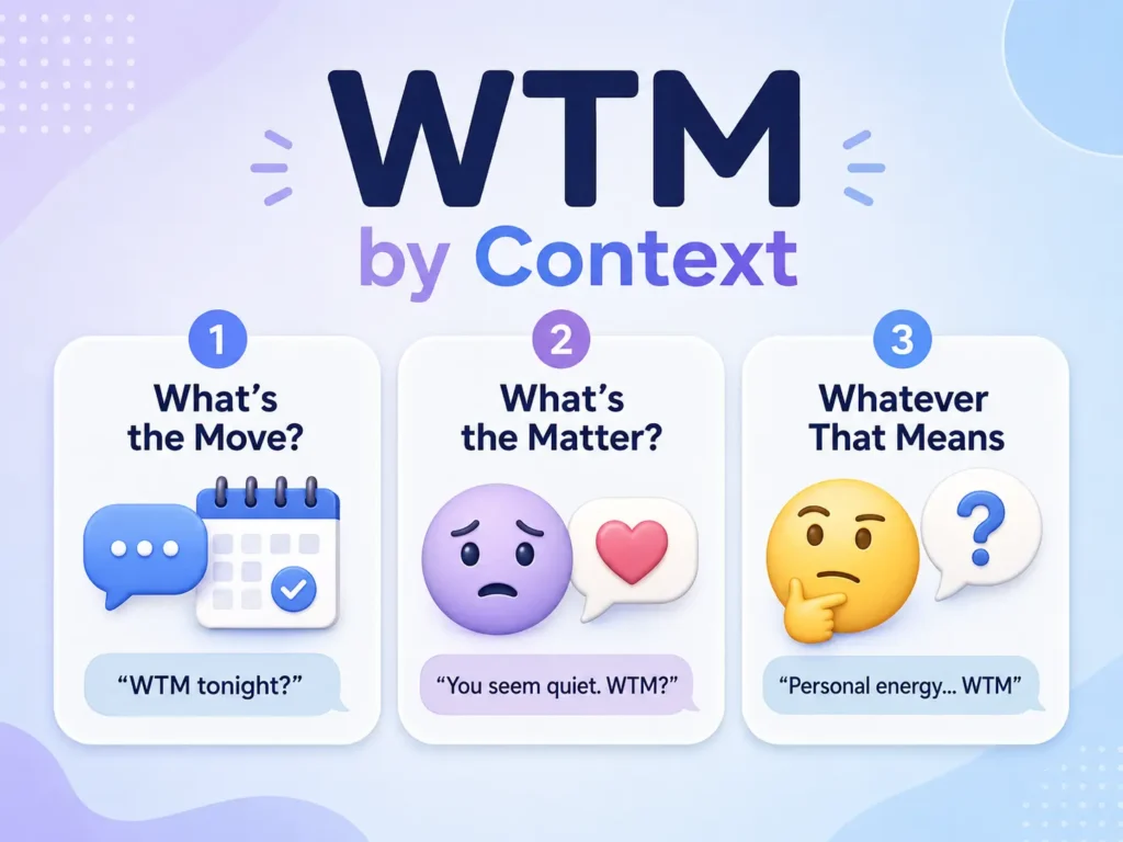 WTM meaning by context showing “What’s the Move?”, “What’s the Matter?”, and “Whatever That Means” with simple texting examples.
