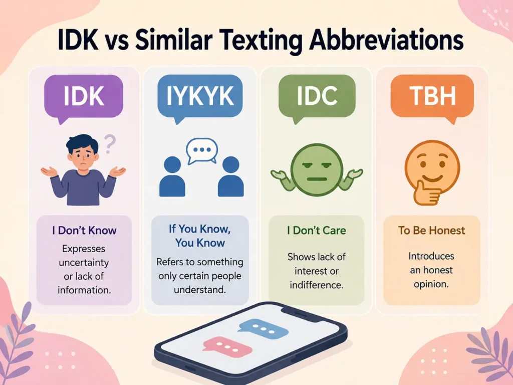 Different meanings of IDK infographic showing “I Don’t Know,” “I Don’t Know Yet,” and “Who Knows?” with a smartphone user and simple uncertainty icons.