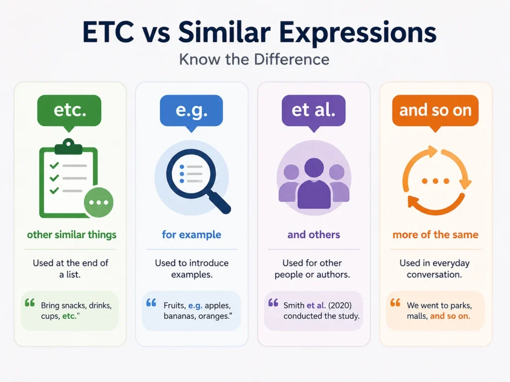 ETC vs similar expressions infographic comparing etc., e.g., et al., and “and so on” with simple meanings and usage examples.