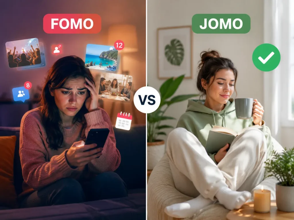 FOMO vs JOMO illustration showing social media anxiety on one side and peaceful offline relaxation on the other.
