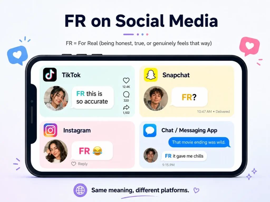 FR meaning on social media infographic showing “FR” used in TikTok, Snapchat, Instagram, and messaging conversations.
