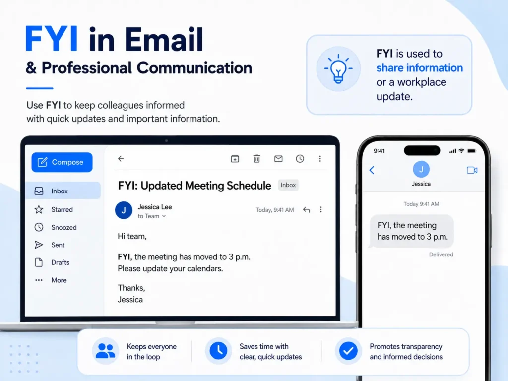 FYI meaning in email and professional communication infographic showing how “For Your Information” is used to share workplace updates.