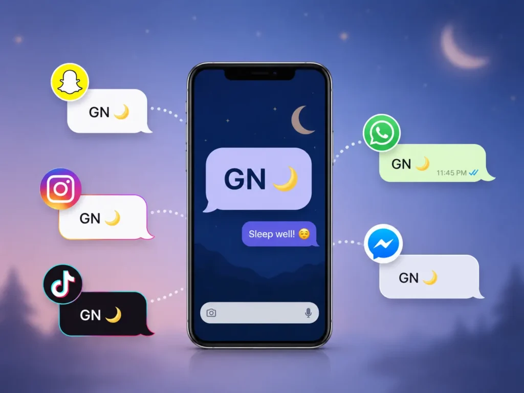 GN meaning on social media showing “GN” messages across Snapchat, Instagram, TikTok, WhatsApp, and Messenger with a nighttime smartphone chat.