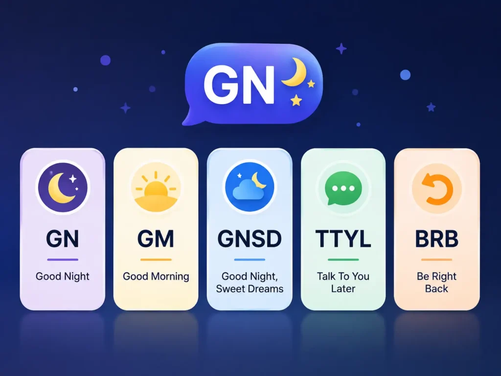 GN vs similar texting abbreviations showing GN, GM, GNSD, TTYL, and BRB with their meanings in a simple visual guide.