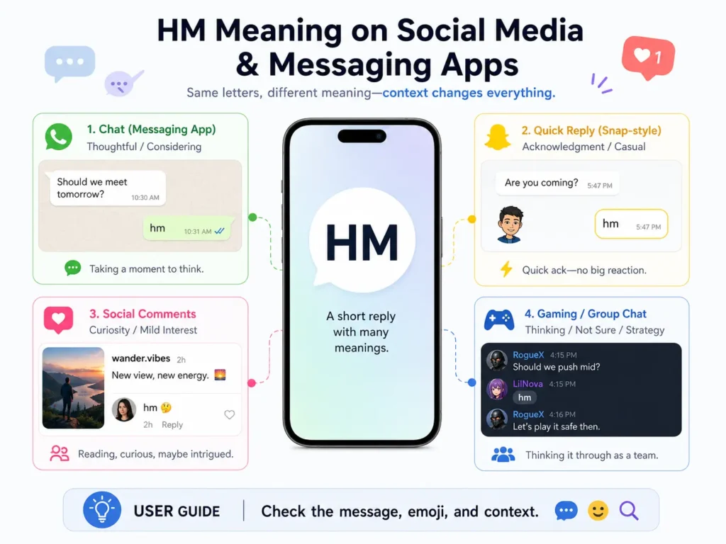 HM meaning on social media and messaging apps infographic showing how “hm” can indicate thoughtful consideration, casual acknowledgment, curiosity, or uncertainty in chats, comments, and gaming conversations.