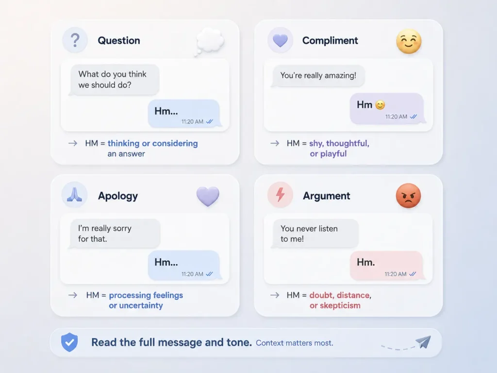 HM meaning infographic showing how “hm” can express thinking after a question, shyness after a compliment, uncertainty after an apology, or doubt during an argument.