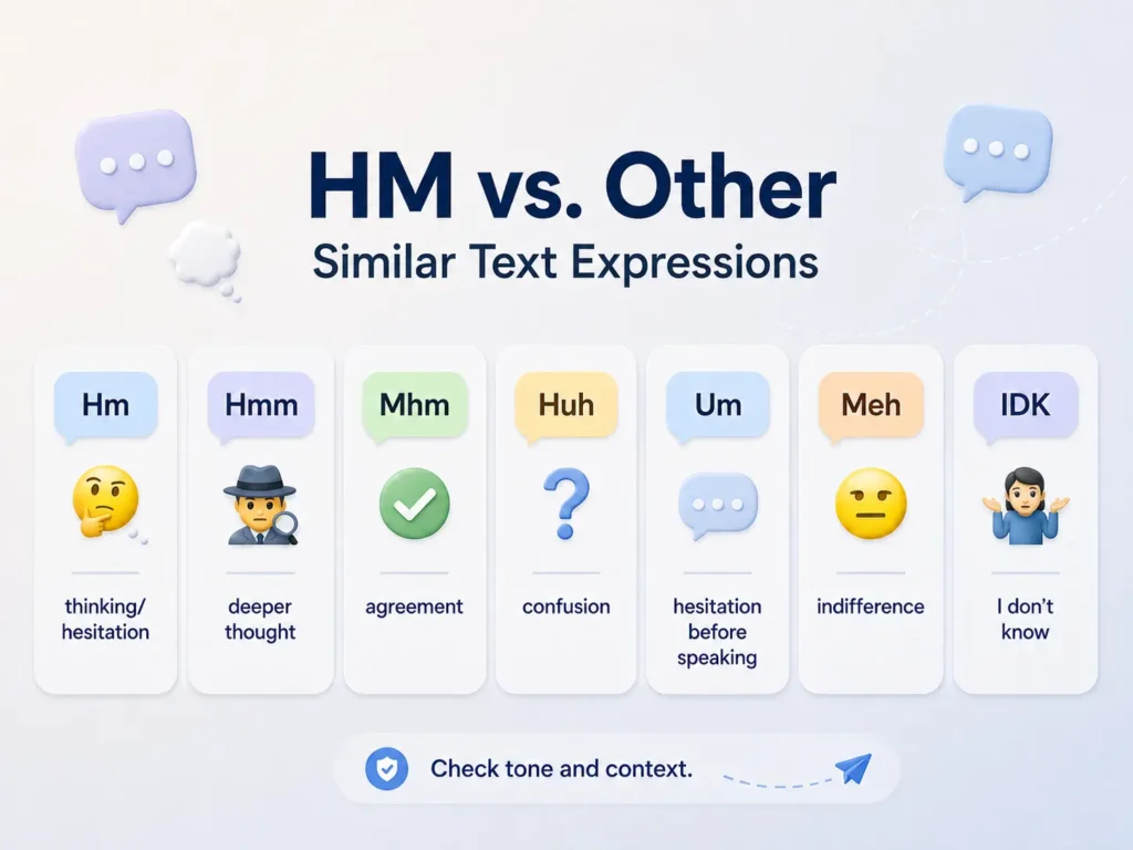 HM vs. similar texting expressions infographic comparing “Hm,” “Hmm,” “Mhm,” “Huh,” “Um,” “Meh,” and “IDK” by meaning, including thinking, agreement, confusion, hesitation, indifference, and uncertainty.