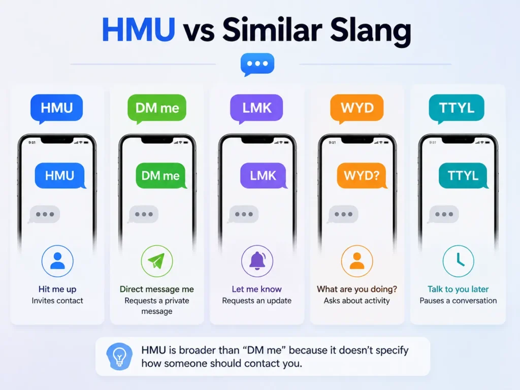 HMU vs similar texting slang infographic comparing HMU, DM me, LMK, WYD, and TTYL with their meanings and common uses.