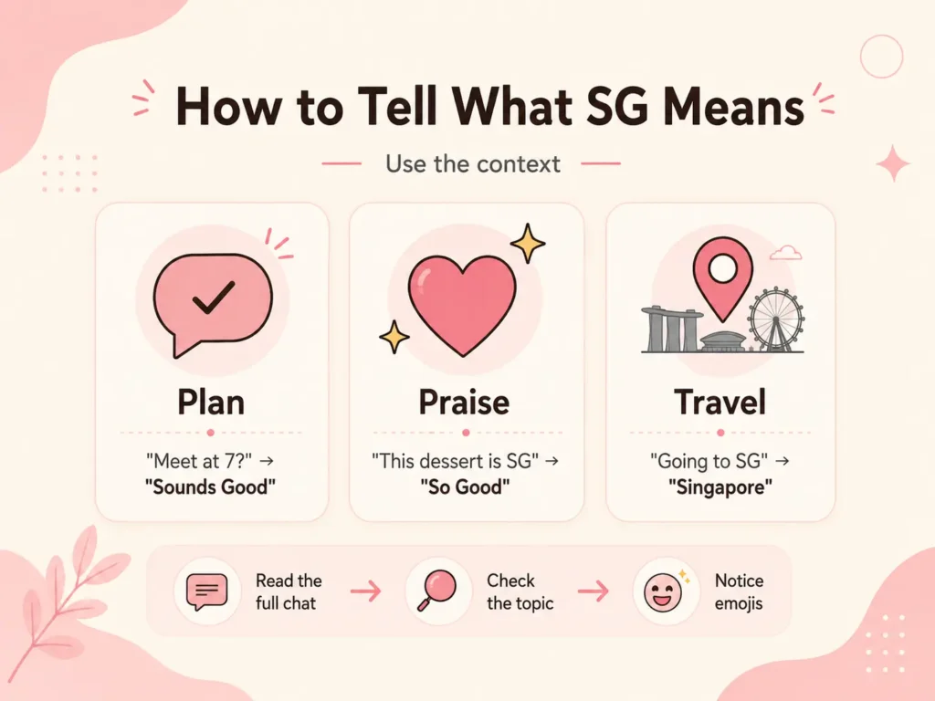 How to tell what SG means infographic showing Plan, Praise, and Travel examples, plus tips to read the full chat, check the topic, and notice emojis on a cream and pink background.