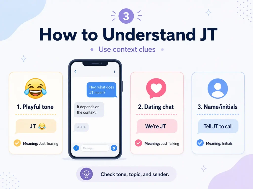 JT meaning context guide showing how playful tone, dating chat, and names or initials help identify what JT means in a message.