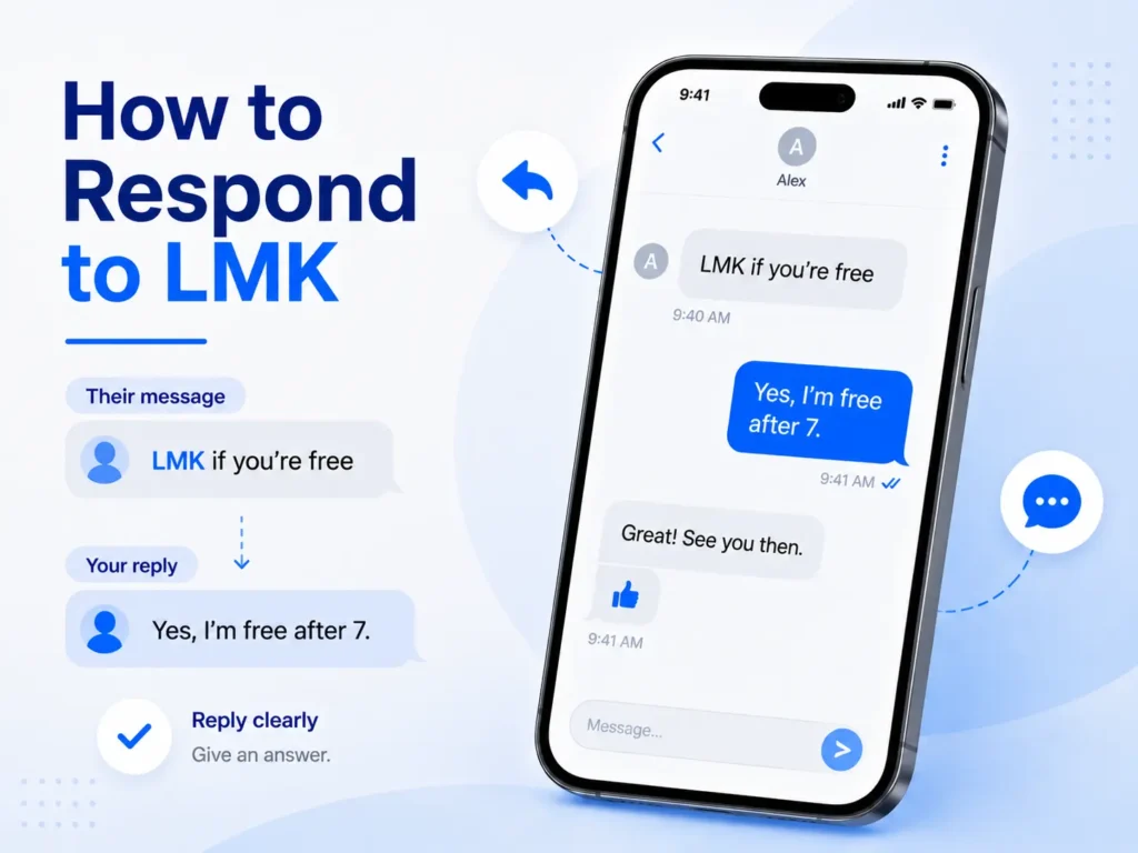 How to respond to LMK graphic showing a smartphone chat where “LMK if you’re free” receives the clear reply “Yes, I’m free after 7.”