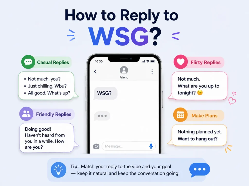 WSG meaning infographic showing casual, friendly, flirty, and plan-making ways to reply to “WSG?” in texting.