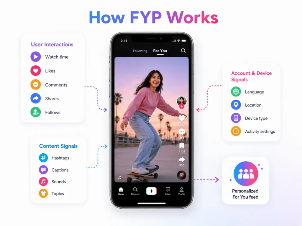 How FYP works infographic showing user interactions, content signals, and device information shaping a personalized TikTok For You feed.