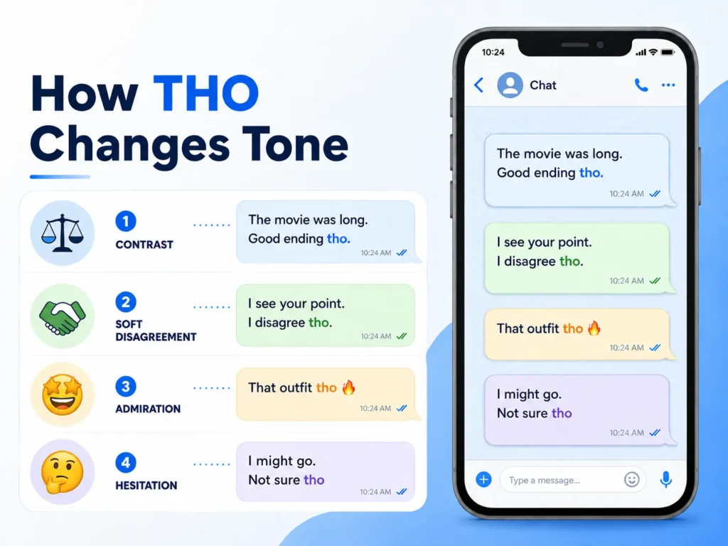 THO tone infographic showing how “tho” can express contrast, soft disagreement, admiration, and hesitation in casual text messages.