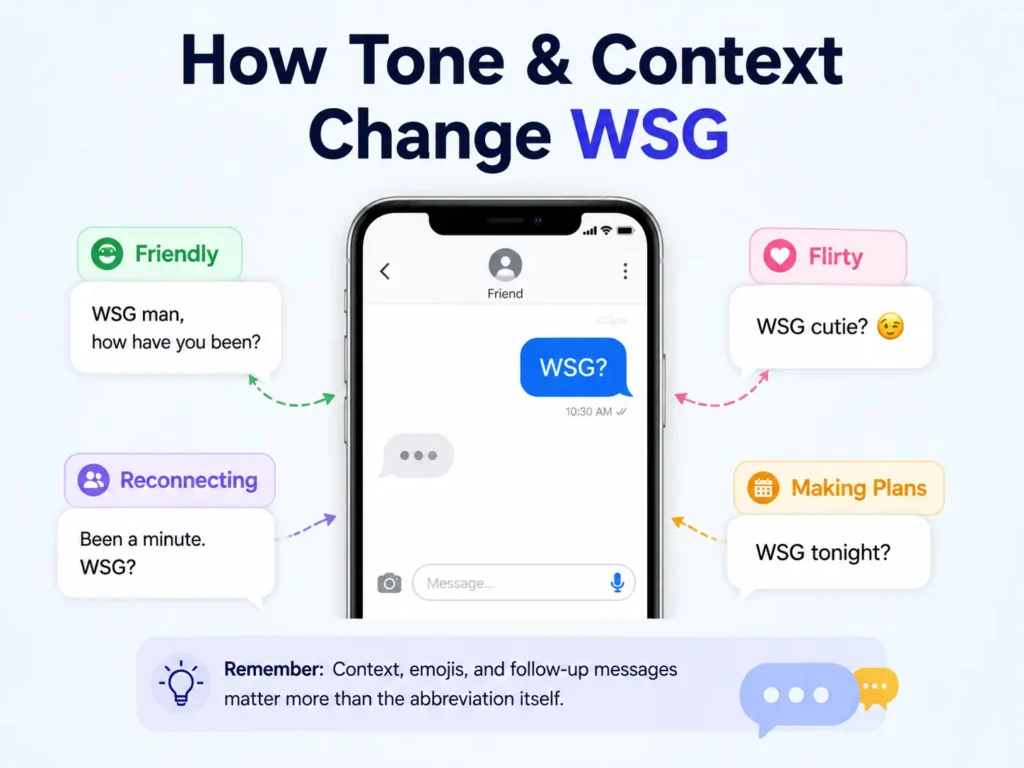 WSG meaning infographic showing how friendly, flirty, reconnecting, and plan-making contexts can change the tone of “WSG?” in texting.