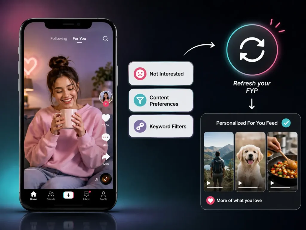 TikTok FYP customization infographic showing Not Interested, content preferences, keyword filters, and refresh options for a more personalized For You feed.