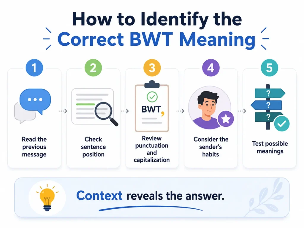 Five-step BWT meaning guide showing how to identify the correct interpretation by reading the previous message, checking sentence position, reviewing punctuation and capitalization, considering the sender’s habits, and testing possible meanings.
