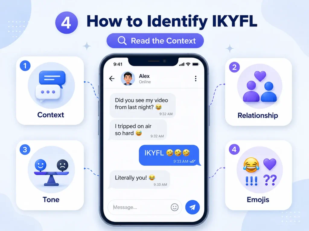 How to identify IKYFL meaning by checking the message context, relationship, tone, emojis, and punctuation in a text conversation.