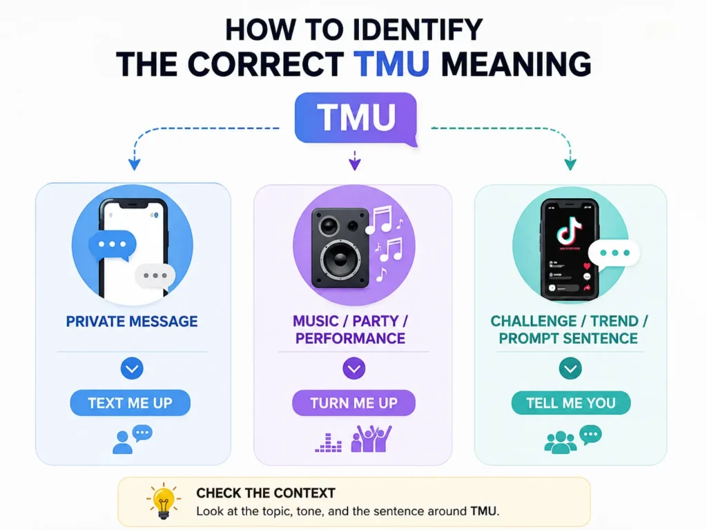 Infographic explaining how to identify the correct TMU meaning based on private messages, music content, or TikTok trend prompts.